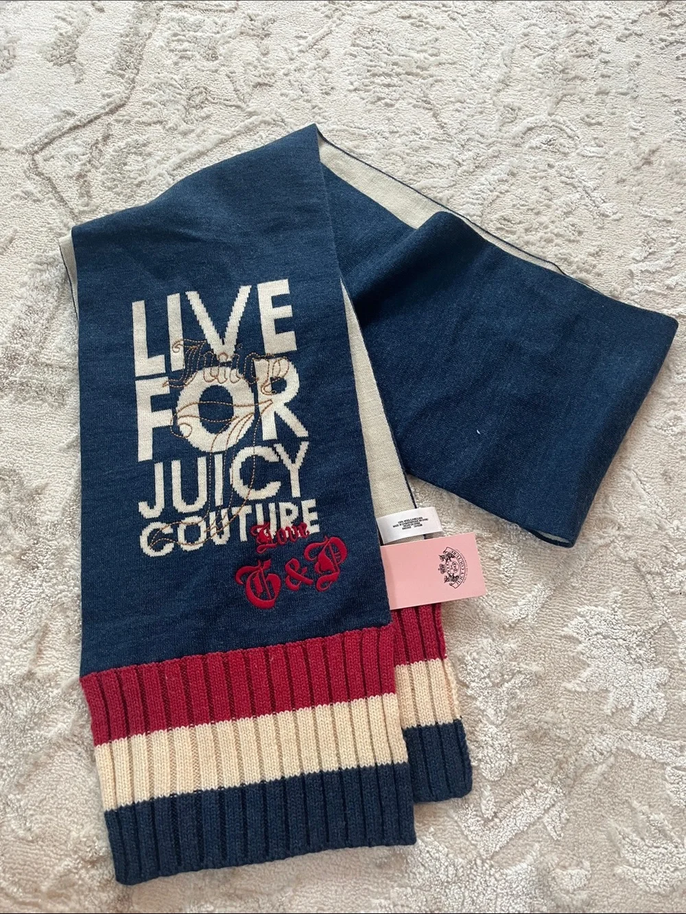Juicy Couture Navy, Cream & Red Logo Knit Scarf
